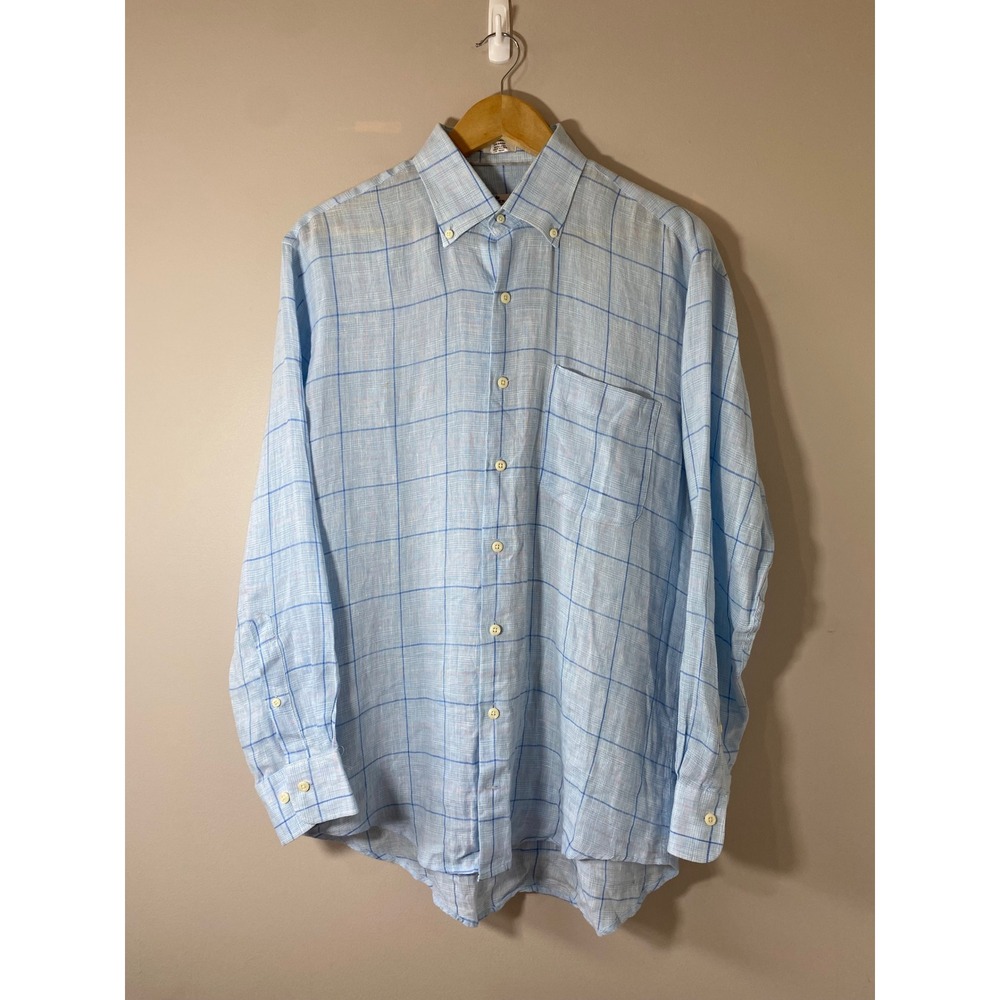 Peter Millar Crown Cool Mens Medium Linen Windowpane Button Up Shirt Light Blue